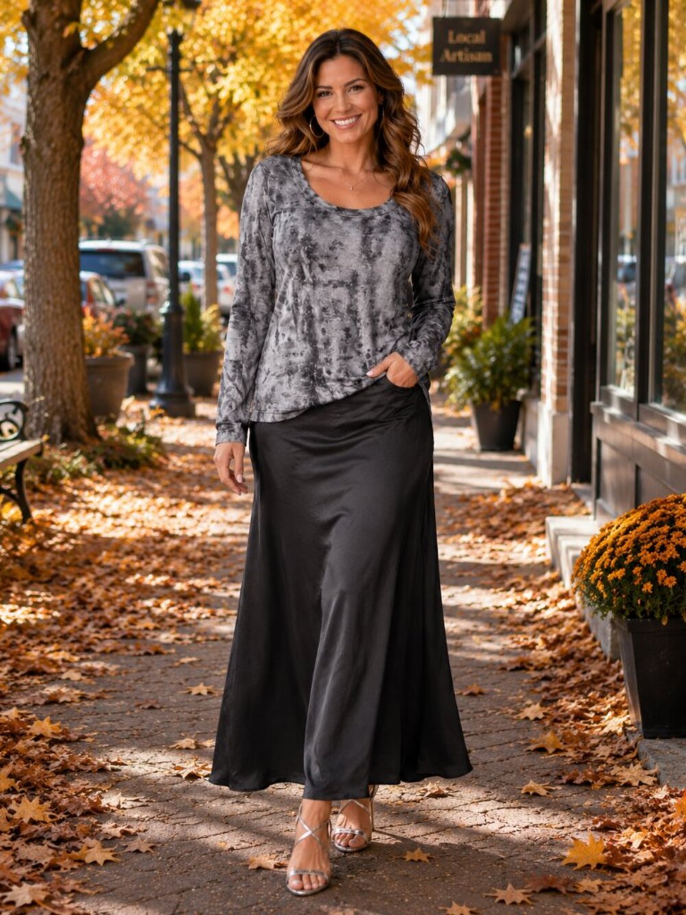Red Haute Silver Gray Abstract Print Long Sleeve Top Size Large NWT